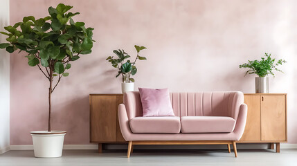 Pink velvet loveseat sofa, wooden cabinet and potted houseplant against venetian stucco wall. Scandinavian home interior design of modern living room