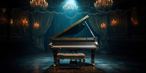 A golden piano seen from the front on an empty retro stage full of chandelier lighting - obrazy, fototapety, plakaty
