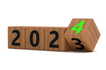 Flipping of 2023 to 2024 on wooden block cube for preparation merry Christmas and happy new year change and start new business target strategy concept.