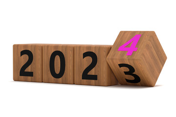 Flipping of 2023 to 2024 on wooden block cube for preparation merry Christmas and happy new year change and start new business target strategy concept.