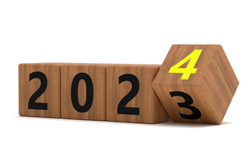 Flipping of 2023 to 2024 on wooden block cube for preparation merry Christmas and happy new year change and start new business target strategy concept.
