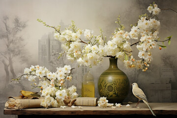 ancient chinese herbs being used for medicine, blossoming sakura branches and beautiful birds