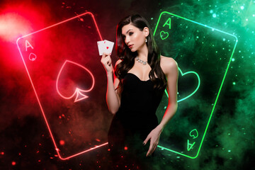 Abstract metaphor collage of luxury vip glamour lady professional poker player show flash royal...