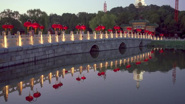 Blue hour at Beihai Park decorated with traditional Chinese Lantern and the Beijing White Pagoda Temple (Baita Si), also known as White Dagoba Temple or White Stupa Temple in the background, Beijing