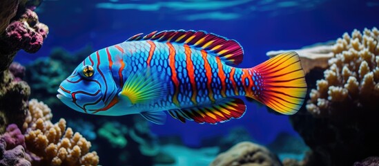 In the underwater world of the vast, blue ocean, the vibrant marine wildlife dances elegantly amongst the coral reefs, showcasing nature's beauty in shades of orange, red, and blue. The fish, with