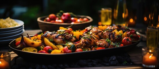 In the midst of a vibrant summer party, amidst the lush greenery of nature's embrace, smoke and the aroma of grilling meat filled the air as friends gathered around a crackling fire in the garden
