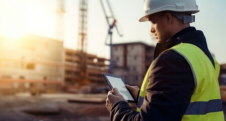 Side view of civil engineer or architect checking schedule on tablet at construction site. - obrazy, fototapety, plakaty