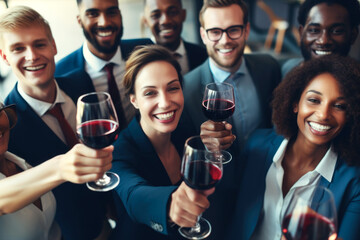 Group of people in business attire smiling in a big crowd. group of business people that are smiling looking up to camera. team of business people and customers in a room with drink	