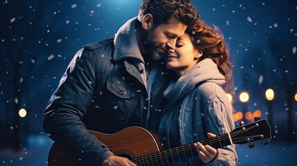young happy couple with guitar at christmas time - obrazy, fototapety, plakaty