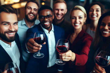 Group of people in business attire smiling in a big crowd. group of business people that are smiling looking up to camera. team of business people and customers in a room with drink 