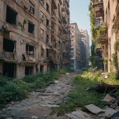Fototapeta na wymiar A post-apocalyptic vista shows gutted buildings framing a deserted street, nature overtakes a desolate street flanked by overgrown