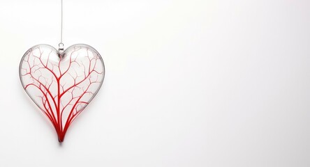 glass heart with blood vessel pattern on a white background.