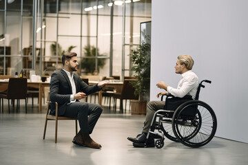 Male invalid in wheelchair involved in charity, meeting with male investor, discussing main details, helping physically challenged people. Business concept. Applying for job, people with disability.