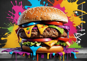 Hamburger, graffiti on the wall, bright colors.