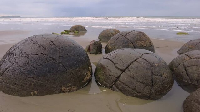 Moeraki Boulders and the ocean surf, Otago, New Zealand 