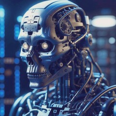 Fototapeta premium Robot Skull Cyborg Head Machine Science industrial. A realistic silver robot with a skull head design, glowing eyes, intricate details, and metal construction stands against a dark background
