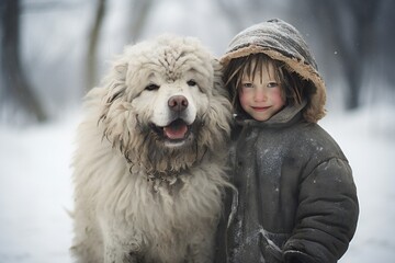 Cute boy in a winter jacket and hood hugs a large white fluffy dog