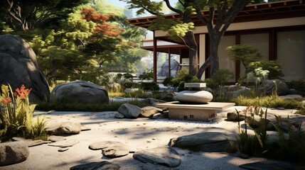 A tranquil meditation garden with a Zen rock arrangement, inviting visitors to find inner peace and belonging in the present moment.