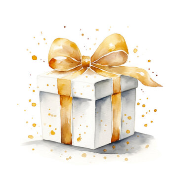recommend clip art: Watercolor White Gift Box with Gold Bow Isolated on White Background