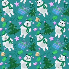Christmas animals seamless bears and gloves and gifts box and candy and cup of tea pattern for wrapping paper