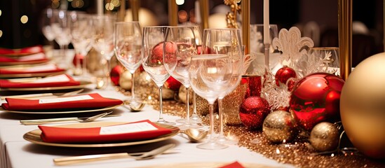 At the lively bar, guests were enjoying the festive Christmas party, clinking their champagne glasses and indulging in wine at the elegant event. The beautiful wedding venue was adorned with a
