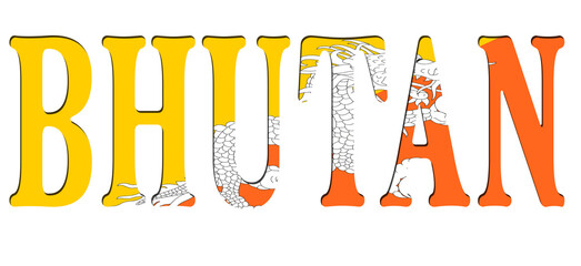 3d design illustration of the name of Bhutan. Filling letters with the flag of Bhutan. Transparent background.