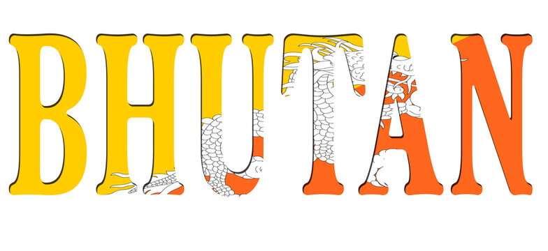 3d design illustration of the name of Bhutan. Filling letters with the flag of Bhutan. Transparent background.