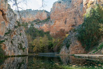 Parque natural del monasterio de piedra, Zaragoza, Spain. Calm waters. Bridges over lakes.
