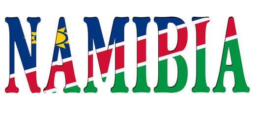3d design illustration of the name of Namibia. Filling letters with the flag of Namibia. Transparent background.