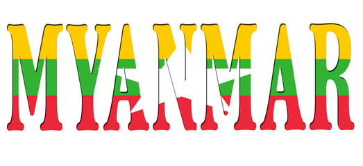 3d design illustration of the name of Myanmar. Filling letters with the flag of Myanmar. Transparent background.
