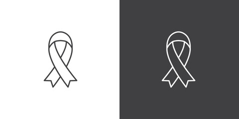 Black awareness ribbon icon on black and white background. Vector symbol of grief and melanoma. Terrorism. Mourning ribbon icon, a symbol of mourning for death. - obrazy, fototapety, plakaty