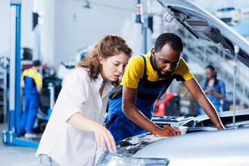 Mechanic at auto repair shop conducts annual vehicle checkup, informing customer about needed alternator replacement. Experienced garage worker talks with customer after finishing car inspection