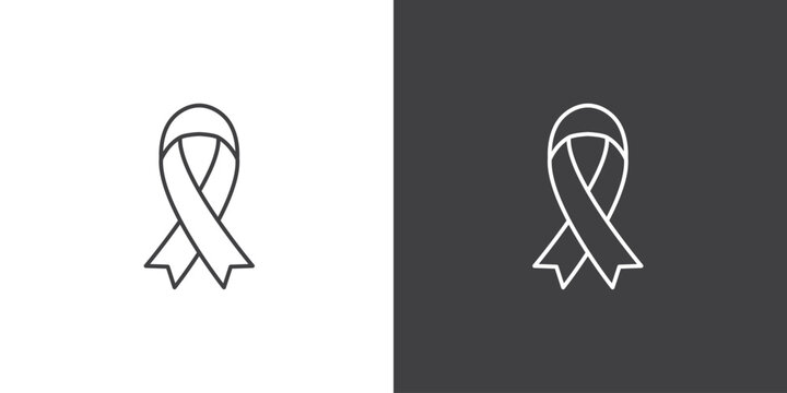 Black awareness ribbon icon on black and white background. Vector symbol of grief and melanoma. Terrorism. Mourning ribbon icon, a symbol of mourning for death.