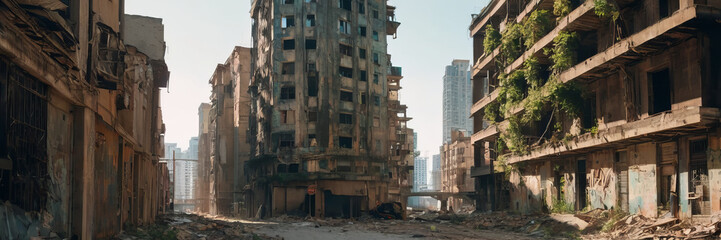 A post-apocalyptic vista shows gutted buildings framing a deserted street, nature overtakes a desolate street flanked by overgrown