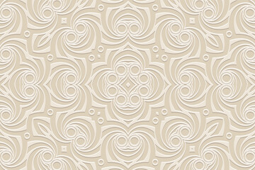 Embossed artistic light background, vintage cover design. Boho style, ornamental handmade. Geometric ethnic 3D pattern. Arabesques of the East, Asia, India, Mexico, Aztec, Peru.