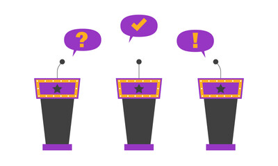 Quiz game design background. Competition with questions. Television trivia show vector illustration. Three stands with microphones. Play game show, competition quest - obrazy, fototapety, plakaty