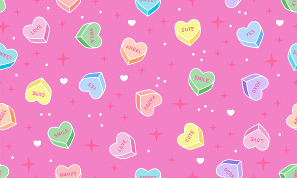 Seamless pattern with sweet heart candy. Sweetheart candies background, conversation sweets for valentines day, valentine sugar food hearts. Heart shape message letter candy background
