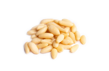 Healthy pine nuts isolated on white background.