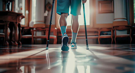 An athlete's knee injury. Recovery by walking with crutches. - obrazy, fototapety, plakaty