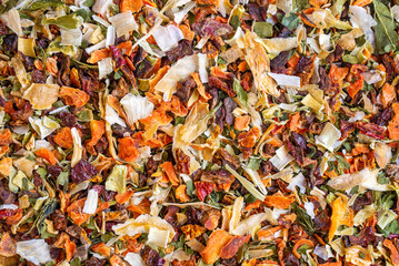 Dry cut and chopped up vegetables mix, top view.