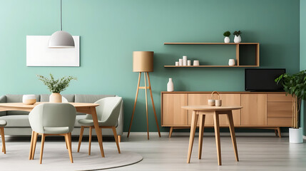 Mint color chairs at round wooden dining table in room with sofa and cabinet near green wall. Scandinavian, mid-century home interior design of modern living room