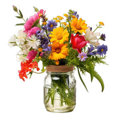 Bouquet of Wildflowers in a Mason Jar. Isolated on a Transparent Background
