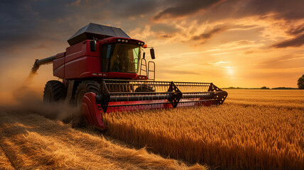 combine harvester working in wheat field at sunset. - obrazy, fototapety, plakaty