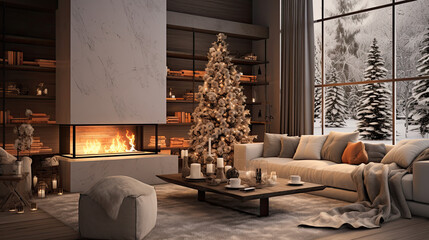 salón con decoración moderna tipo escandinava en tonos claros beige con chimenea y decorado con árbol de navidad - obrazy, fototapety, plakaty