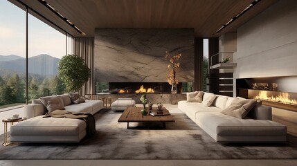 Luxurious interior of the living room with a fireplace and large windows, a view of the mountains from the loft room