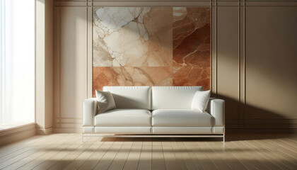 Modern Minimalist Living Room with White Sofa and Terra Cotta Marble Wall - Chic Interior Design with Copy Space