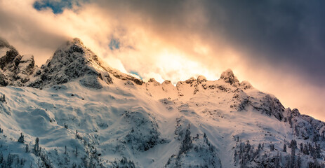 Canadian Mountain Landscape. Aerial Panoramic View. Dramatic Sunset.