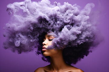 Portrait of a woman with a hairstyle surrounded by purple smoke on a colored background.