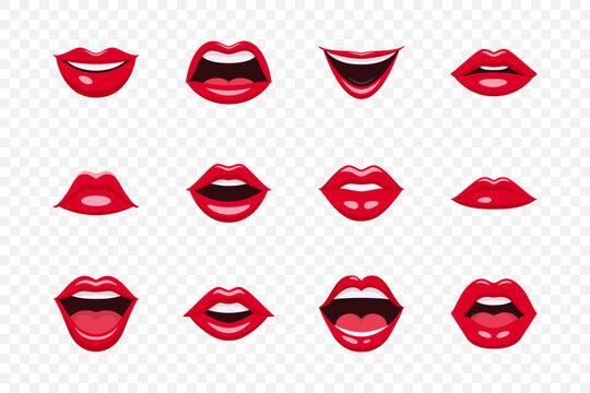 Flat Vector Red Female Lips Icon Set Closeup. Woman Lips, Different Expressions, Emotions. Smile, Kiss, Beauty Concept. Modern Pop Art Cartoon Comic Style, Simple Design