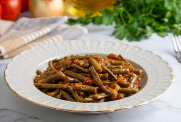 Traditional delicious Turkish food; fresh green black eyed peas food (Turkish name; Zeytinyagli yesil taze borulce or acebek)